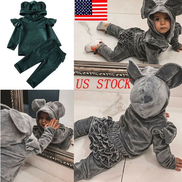 

1-6y 2 шт. малышей мальчиков девочек золотой бархат с длинным рукавом повседневная капюшоном топы + брюки костюм осень одежда набор, White