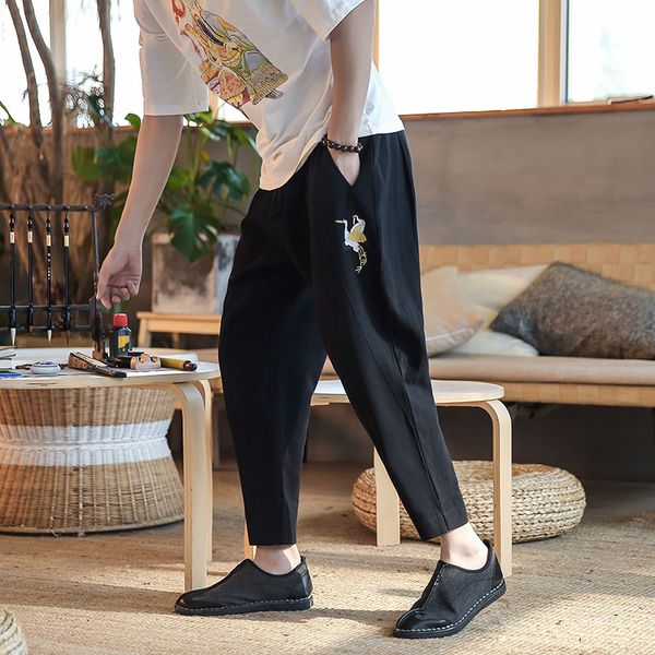 

icpans wide leg pants ankle length 2020 summer embroidered linen pants men's vintage casual big size m -xxxl 4xl 5xl, Black