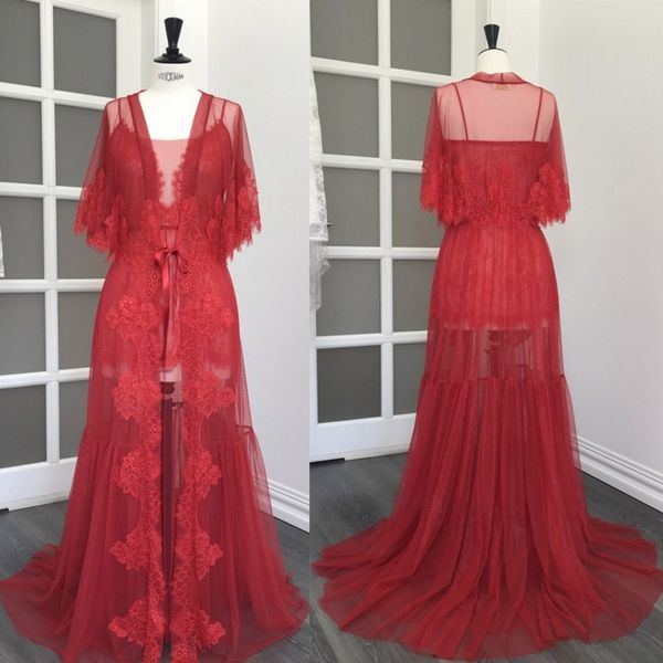 Vermelho dois pedaços de casamento vestes espaguete applique lace housewear mulheres roupão-comprimento tulle personalizado vestido de noite para mulheres