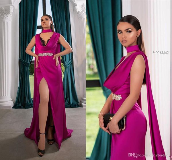 

fuchsia aso ebi arabic crystals sheath prom dresses halter high side split dress evening wear party gowns vestidos de fiesta, Black