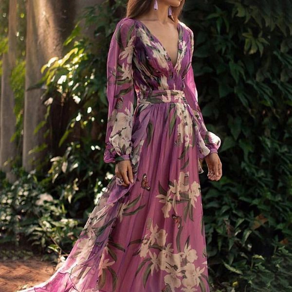 

purple floral print party long dress women summer beach long sleeve tunic deep v neck boho holiday vintage maxi dresses nz19.11-709, Black;gray