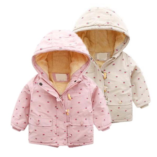 

2020 toddler winter coat children zipper clothing baby girls long sleeve hooded floral print jackets warm coats clothes for kids, Blue;gray