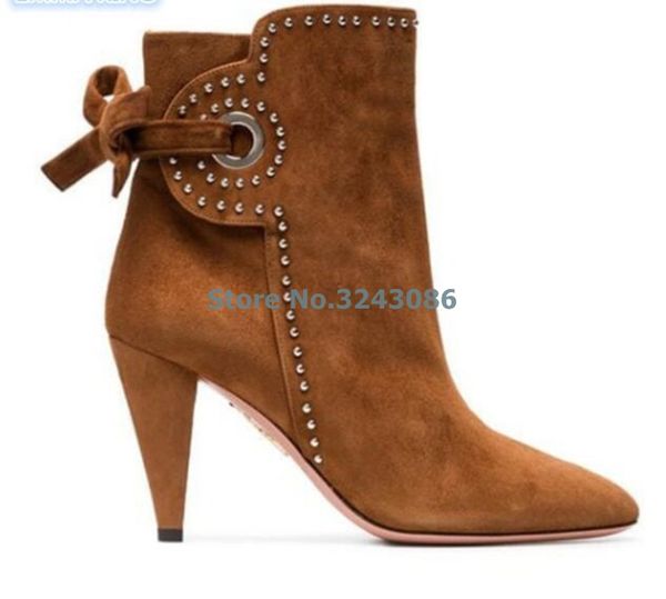 

brown suede rivet back butterfly-knot spike heels boots pointed toe side zipper ankle boots casual spring autumn women shoes, Black