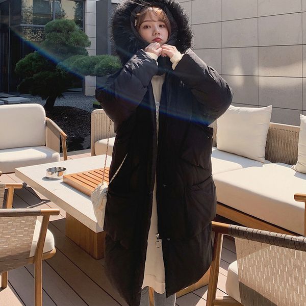 

vogue nice winter jacket women long over the knee parkas woman thick warm loose hooded parka fur collar coat cotton clothing, Black