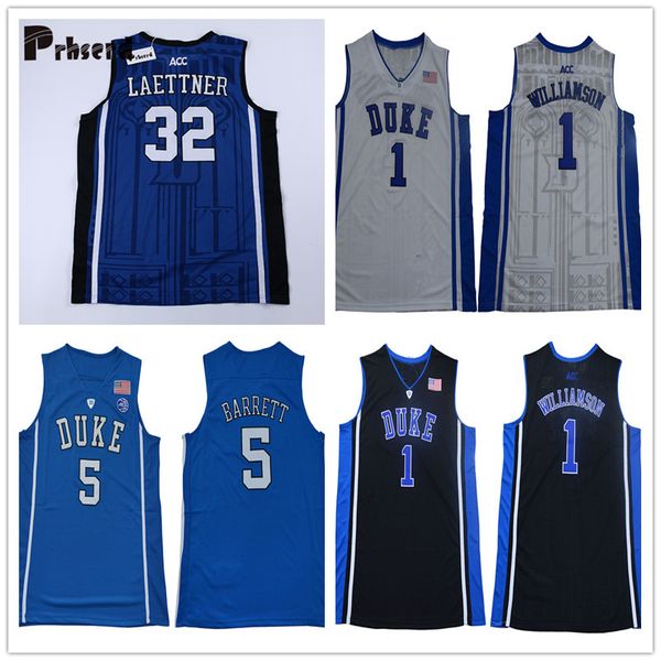 

NCAA Duke 1 Zion Williamson 5 RJ Barrett 2 Camero Reddish 32 Christian Laettner White Black Blue College Basketball Jerseys Stitched logos
