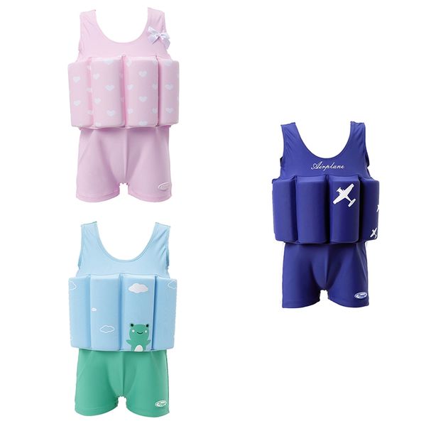 

children buoyancy swimsuit boys girls foam guard swimsuit one piece swimming suit learning to swim waist water cloth sport suit, White