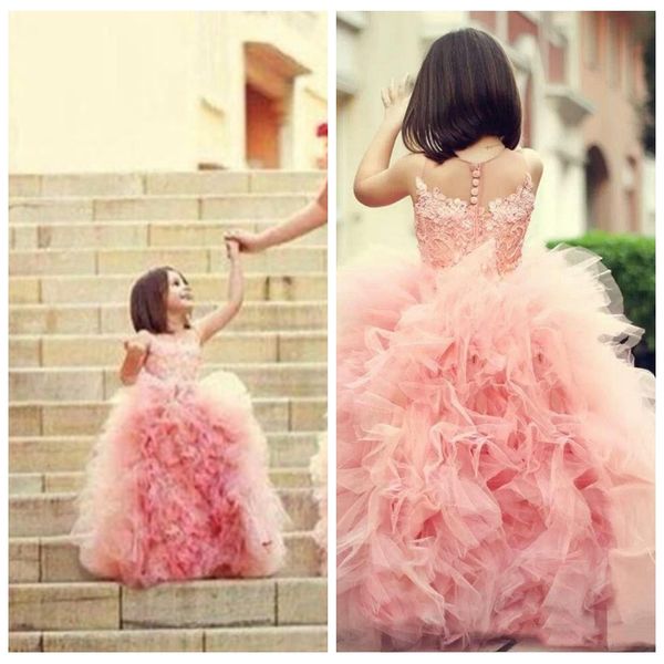 

sheer jewel lace appliques ball gown flower girls dresses puffy 2020 tulle kids formal party gowns floor length custom online princess, White;blue