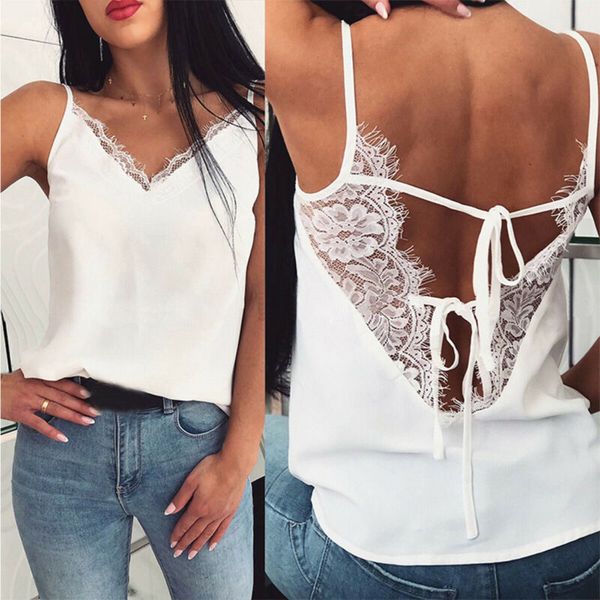 

Womens V-Neck Lace Backless Cami Tops Ladies Summer Sleeveless Shirt Vest Blouse