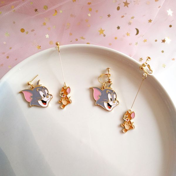 

asymmetrical cat head clip on earrings enamel cute mouse cat clip earring without ears piercing for kids girls women gifts, Silver