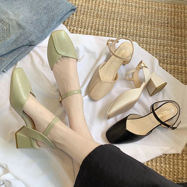 

комфорт обувь для женщин all-match 2020 лета женского сандала блочных каблуков сандалии резинка мелкой рот площадь toe комфорта, Black