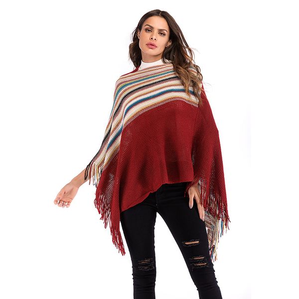 

women's cloak autumn winter high collar vintage fringed shawl color matching irregular knit sweater, Blue;gray