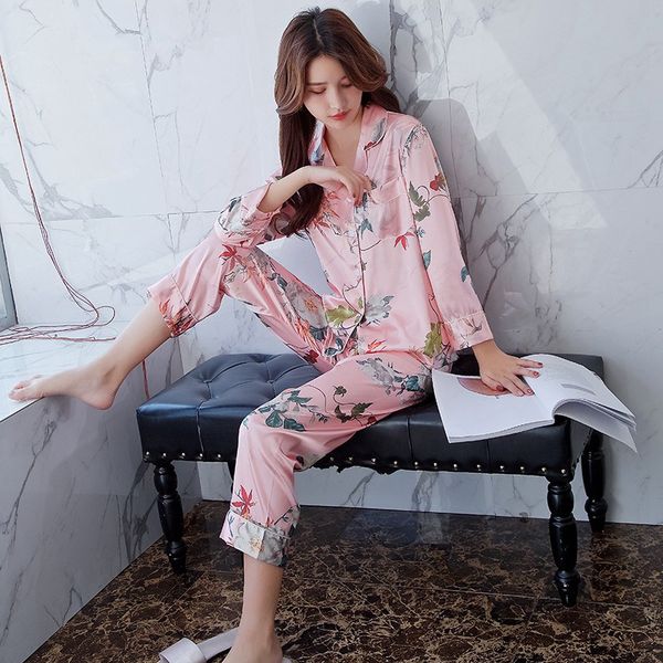 

female long sleeve sleepwear print pajamas suit womens silk satin pajamas pyjamas set new, Blue;gray
