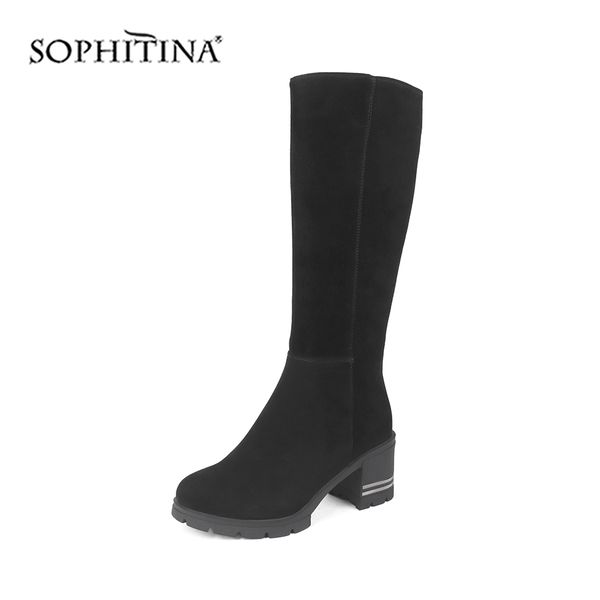 

sophitina women boots genuine leather comfortable square heel round toe shoes handmade fashion boots c222, Black