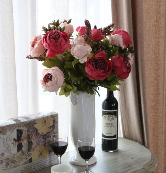 Acheter Fleurs Artificielles Rose Pivoine Bouquet De Fleurs Faux Fleurs Rose Pourpre Rouge Vert Guirlande De Noce Décoration De La Maison Guirlande