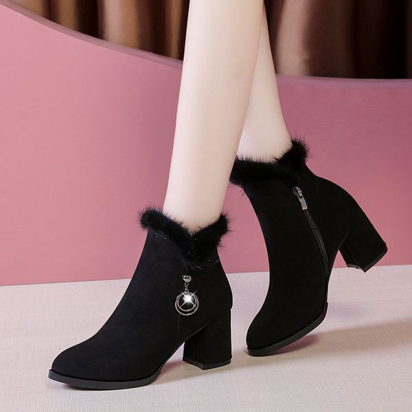 

white ankle boots shoes luxury designer round toe zipper boots-women winter footwear booties ladies plush low fashion autumn, Black