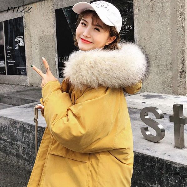

ftlzz winter jackets women warm hooded long cotton parkas snow large fur collar jackets overcoat female thick cotton coat, Black