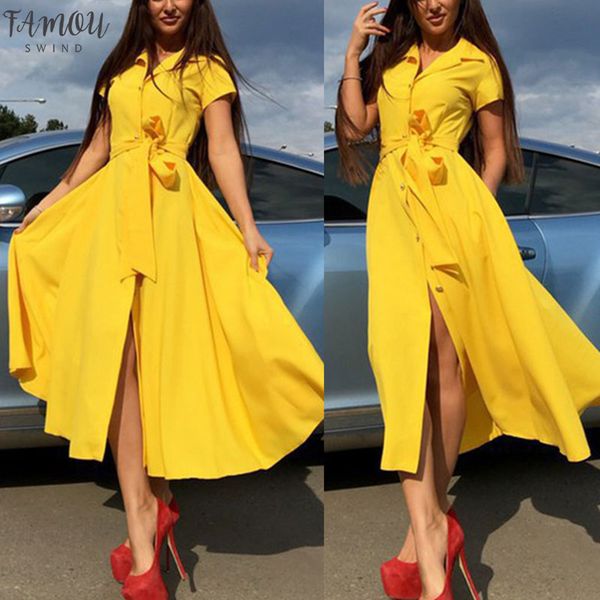 

summer women casual elegant short sleeve turn-down collar button furcal sashes lace-up tunic solid mid-calf empire dress, Black;gray