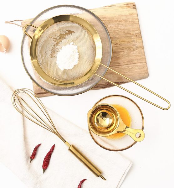 

stainless steel gold mesh egg beater separate oil strainer flour sifter sieve colanders flour coffee mesh filter kitchen bakware