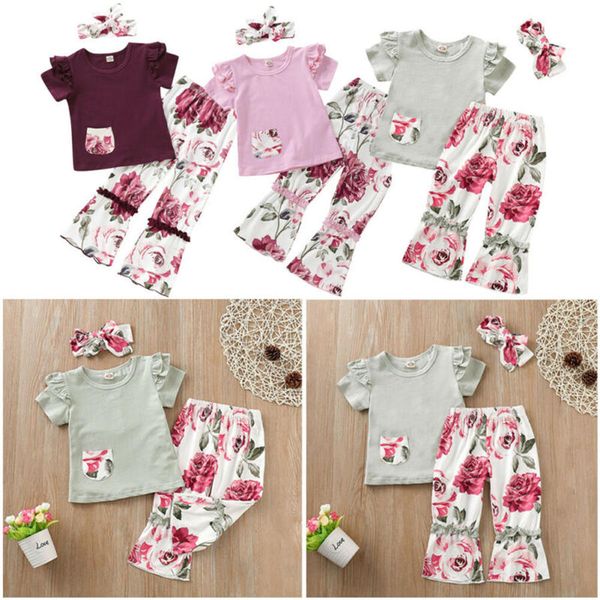 

newborn toddler kids baby girl ruffle sleeve t-shirt floral long pants 3pcs outfits clothes set summer bowknot headband, White