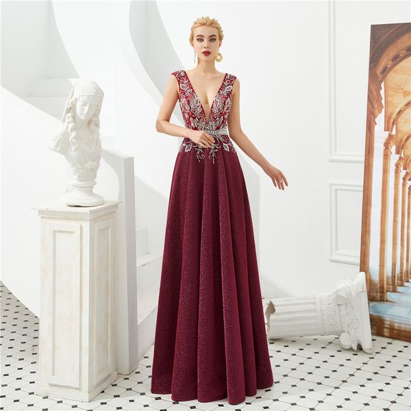 

2020 new deep v-neck backless crystal a-line party gowns with beading floor-length plus size formal evening celebrity dresses be79, Black;red