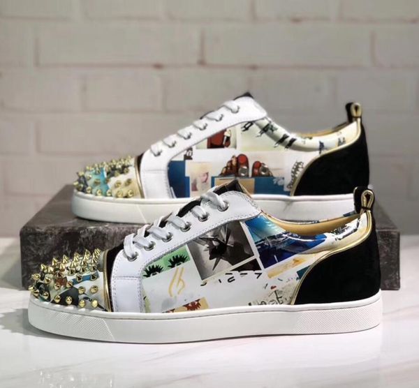 

19s wholesale r glitter leather fashion red bottom spikes sneakers for women,men casual walking luxury designer walking eu35-46 cs07, Black