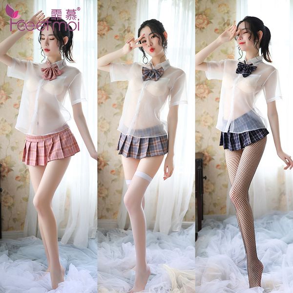 

feimu interest underwear perspective student shirt bow uniform temptation british plaid pleated skirt 6903, Red;black