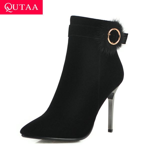 

qutaa 2020 women ankle boots autumn winter scrub buckle women shoes thin high heel pointed toe zipper short boots size34-43, Black