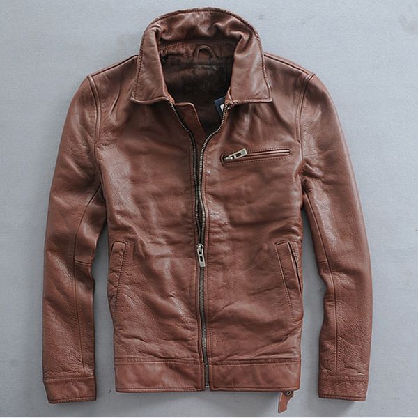 

men's genuine leather jacket with three pocketsslim fitted turn down collar thick cowskin casual leather coat men brown black