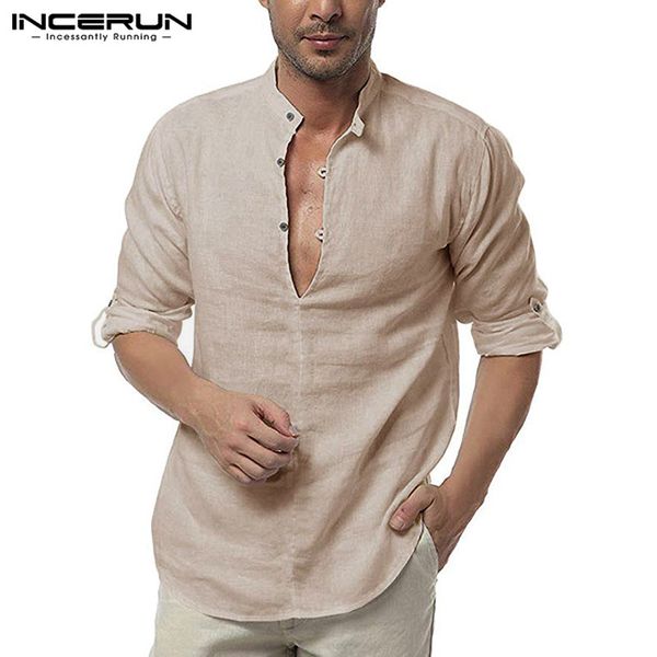 

incerun повседневная рубашка мужчины с длинным рукавом 2020 хлопок v шеи блуза дышащие твердая камиза мода streetwear марка мужские рубашки, White;black