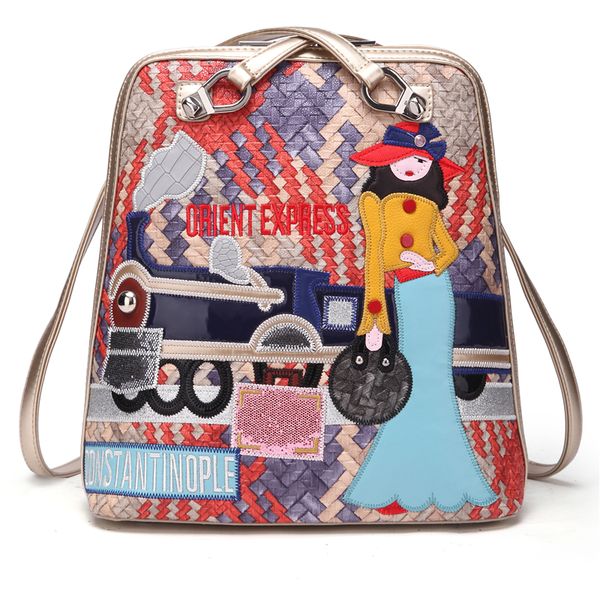 

women bags leather patchwork embroidery backpack schoolbag student bag travel bag braccialini style handicraft art train beauty