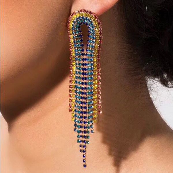 

new fashion designer exaggerated full colorful rhinestone crystal long tassel chandelier stud earrings for women girls