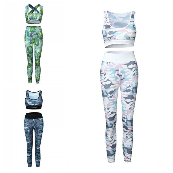 

fitness wear yoga tracksuit set camo leaves prints slim lenggings trousers bra tank 2pcs outfits sportwear set of womens clothes 30oy e19, White;red