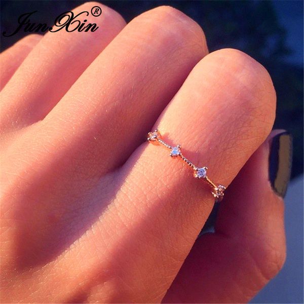 

junxin small stone thin eternity rings for women 925 silver/rose gold stackable joint ring female cz crystal engagement jewelry, Slivery;golden