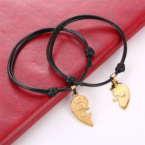 

gold two pieces heart couple bracelet for women and men handmade vintage rope chain bracelet paired bracelets for lovers, Golden;silver