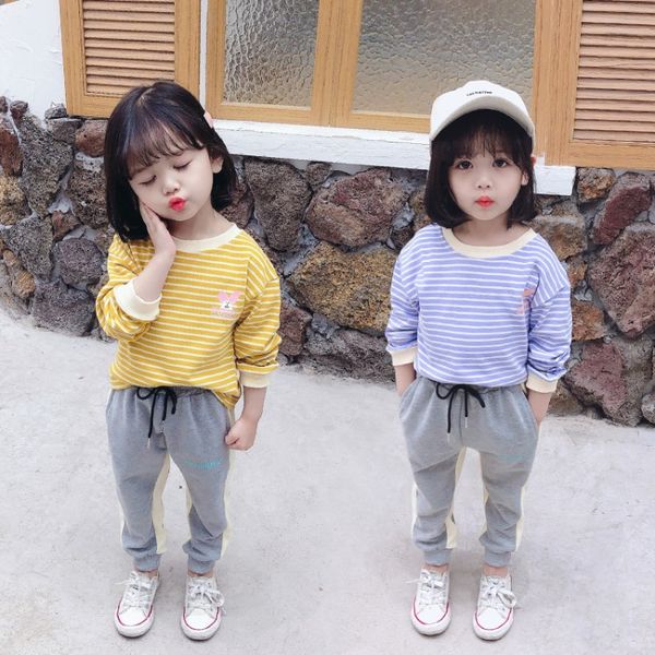 

kids designer clothes2020 summer new striped cartoon casual suit sports two-piece girls one-piece hair childrens clothing wholesale, White