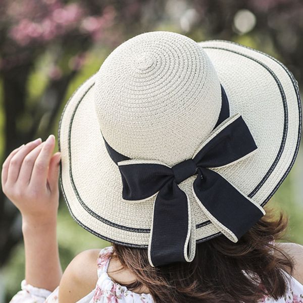

new sunscreen girl female women summer straw hat stripes big bow straw beach big edge hat repair lm19, Blue;gray