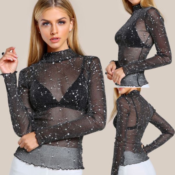 

uk women summer see-through sheer mesh blouse long sleeve black t-shirt, White