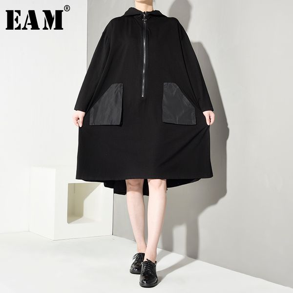 

eam] loose fit big pocket split joint jacket new hooded long sleeve ribbon women coat fashion tide autumn winter 2019 ea5460, Black;brown