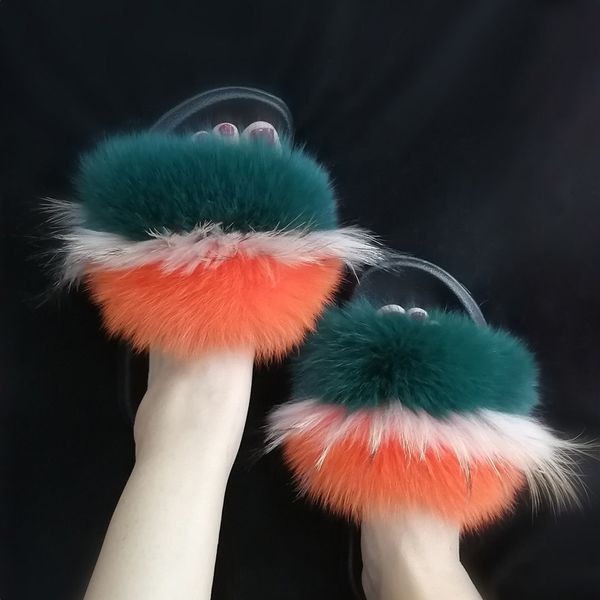 

women fox fur slippers real fox fur slides lovely plush slippers woman summer home sandals women fur slides furry flip flops hot, Black