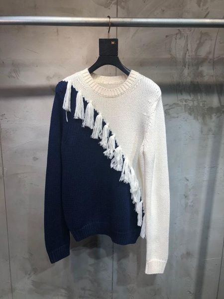 

2019 new ladies fashion long sleeve casual contrast tassel wool pullover 1230, White;black