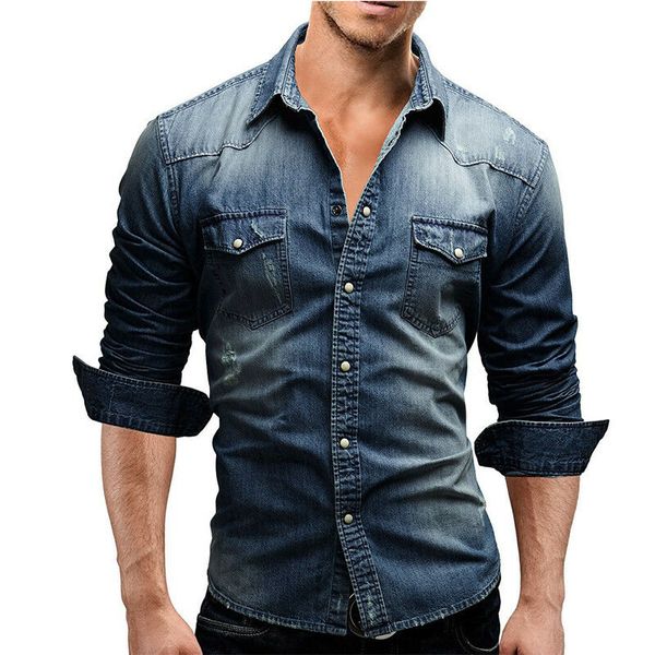 

Autumn Men Casual Slim Fit Stylish Denim Shirts Men's Traditional Denim Shirt with Flap pocket and Snap button from M-XXXL