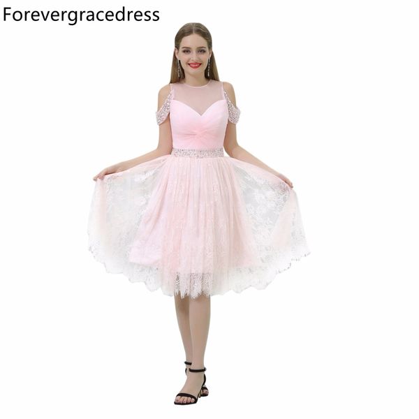 

forevergracedress pink short prom dress illusion neck beaded lace homecoming cocktail party gown plus size custom made, White;black