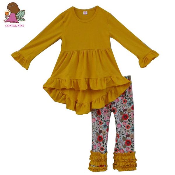 

fall winter fashion toddler girls outfits infant yellow ruffle dress kids floral pants 2 pcs newborn baby girl clothes sets f103, White