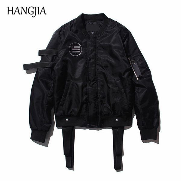 

black strap ma-1 bomber jackets men streetwear detachable ribbons baseball jacket cotton-padded mens punk jackets and coats, Black;brown