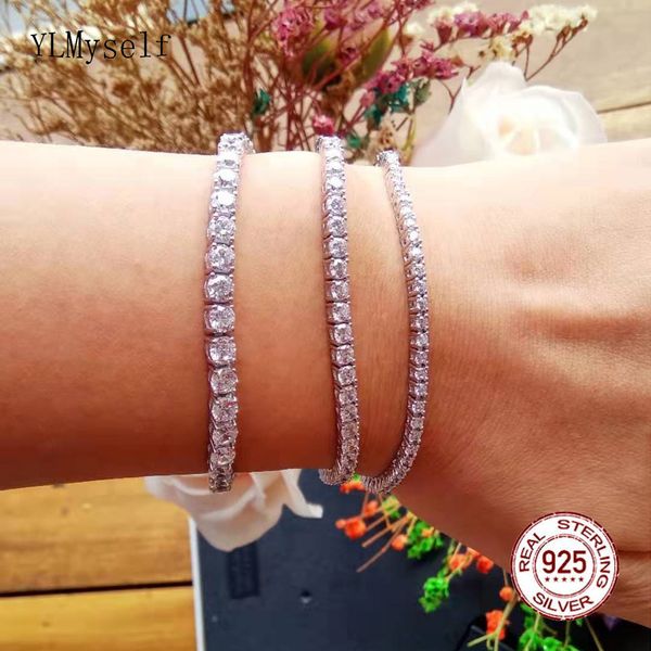 

classic 17.5 cm tennis bracelets real 925 silver jewelry 2mm 3mm 4mm shiny zironia eternal wedding luxury sterling silver bracelet, Golden;silver