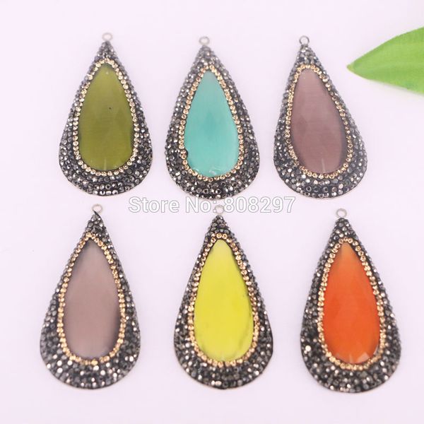 

6pcs natural cat eye stone pave rhinestone drop pendant charms beads mix color teardrop pendants for jewelry making, Silver