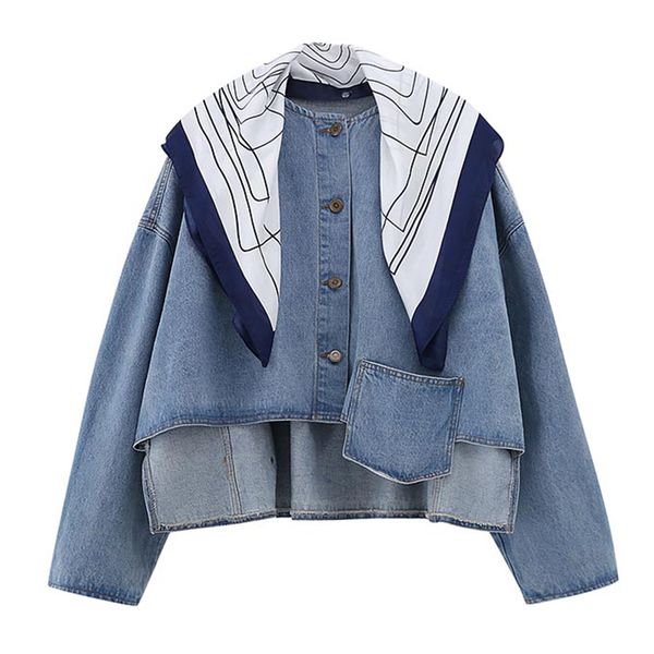 

autumn long sleeve basic coat loose asymmetrical female outwear women denim jacket detachable scarf shawl jeans jacket for women, Black;brown