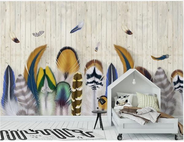 

modern simple colorful feather mural wallpaper wooden board for living room bedroom tv background wall painting decor for walls 3d