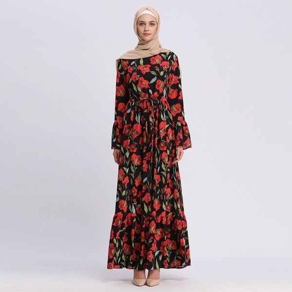 

factory pricr muslim women floral print kaftan dress s-2xl plus size islamic women flare sleeve maxi dress, Red