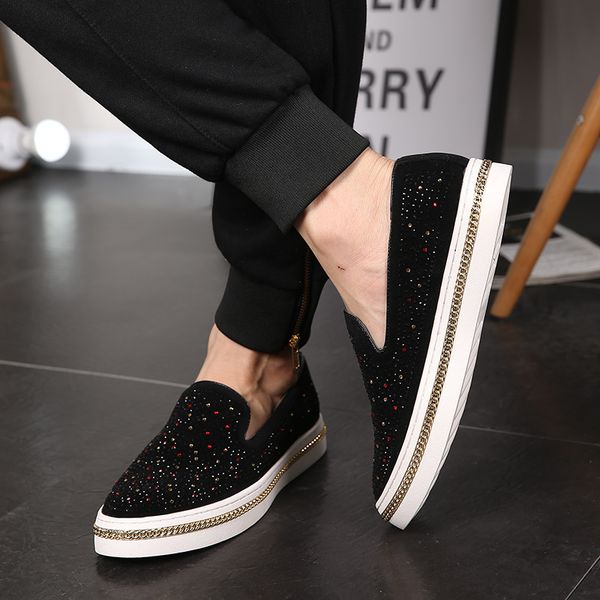 

2019 new men loafers black diamond rhinestones spiked loafers rivets shoes thick bottom wedding party shoes g14-74